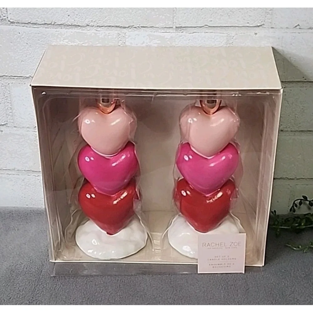 Rachel Zoe Set of 2 Stacked‎ Hearts Pink Red Candle Holders Valentines 8.5